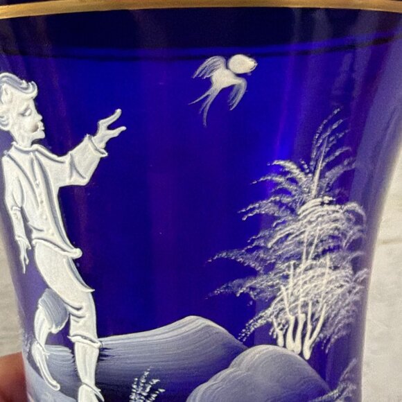 Antique Mary Gregory Cobalt Blue White Enamel Hand Painted Child Glass Vase 8" - Picture 3 of 11